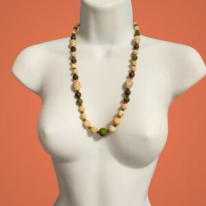 Vintage Glass Beads Natural Stones Green Cream Antiqued Gold Tone Necklace